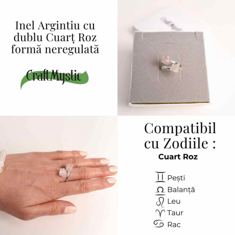 Inel Reglabil Argintiu cu Dublu Cuart Roz, Dragoste Si Armonie [4]