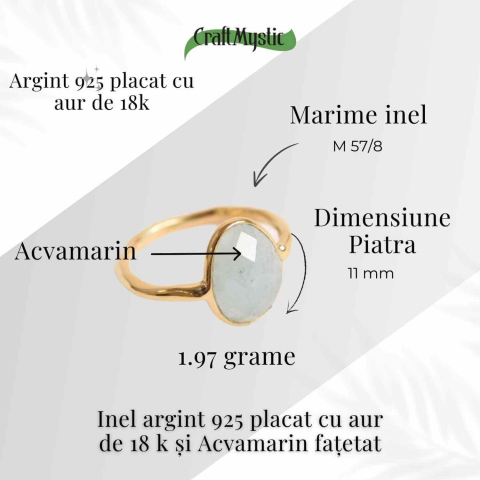 Inel cu Acvamarin Fatetat din Argint 925 placat cu Aur de 18K 1.54 gr – Liniste Interioara si Claritate in Comunicarea Sufletului [1]