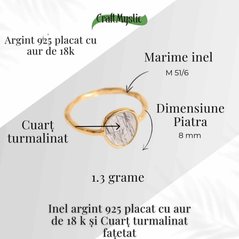 Inel cu Cuart Turmalinat Fatetat din Argint 925 placat cu Aur de 18K – Protectie Energetica si Claritate Interioara [4]