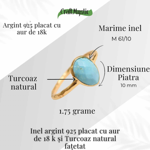 Inel argint 925 placat cu aur 18K si Turcoaz natural fatetat – Protectie, claritate și comunicare [1]