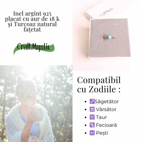 Inel argint 925 placat cu aur 18K si Turcoaz natural fatetat – Protectie, claritate și comunicare [4]