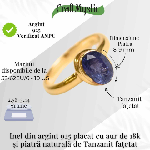 Inel argint 925 placat cu aur 18K si Tanzanit oval fatetat [4]