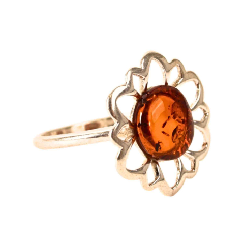 Cristale pentru zodii - Inel floral din argint 925 cu chihlimbar natural – Calm si armonie