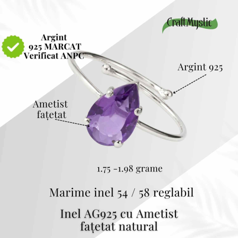 Inel din argint 925 cu ametist fatetat lacrima, pentru calm si claritate interioara [3]