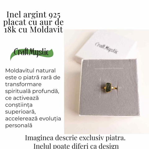 Inel cu Moldavit din Argint 925 placat cu Aur de 18K 2.75 gr 58.5 (EU) / 9 (US)– Piatra transformarii si evolutiei spirituale [2]
