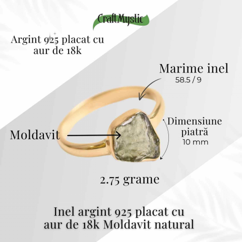 Inel cu Moldavit din Argint 925 placat cu Aur de 18K 2.75 gr 58.5 (EU) / 9 (US)– Piatra transformarii si evolutiei spirituale [3]