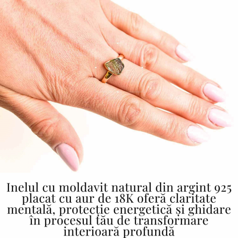 Inel cu Moldavit din Argint 925 placat cu Aur de 18K 2.75 gr 58.5 (EU) / 9 (US)– Piatra transformarii si evolutiei spirituale [1]