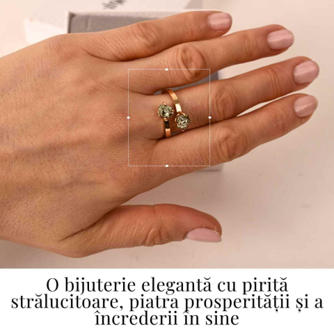 Inel Ajustabil Argint 925 placat cu aur de 18k si Dublu Pirita - Doua pietre, un singur centru interior [1]