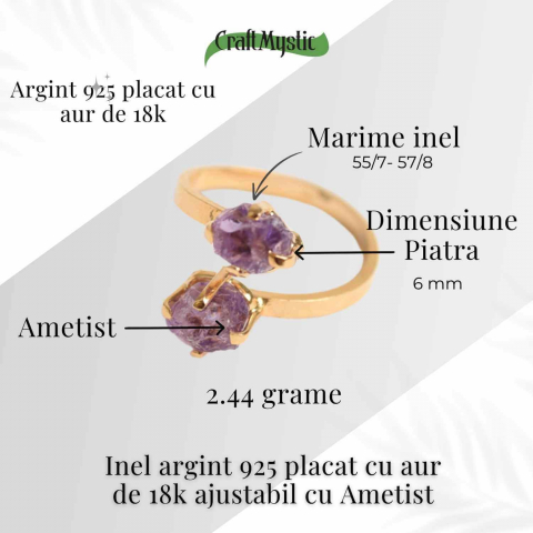 Inel Argint 925 placat cu Aur 18K si Dublu Ametist – Calm si Protectie Energetica [3]