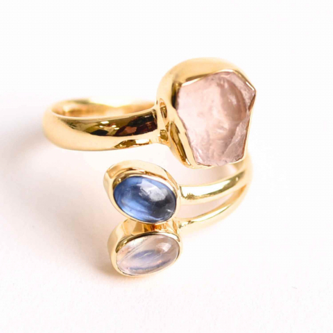 Inel din Argint 925 placat cu Aur de 18K cu Kianit Albastru, Cuart Roz si Piatra Lunii 3.92gr M 54/7– Armonie Interioara, Claritate si Deschidere Emotionala [0]