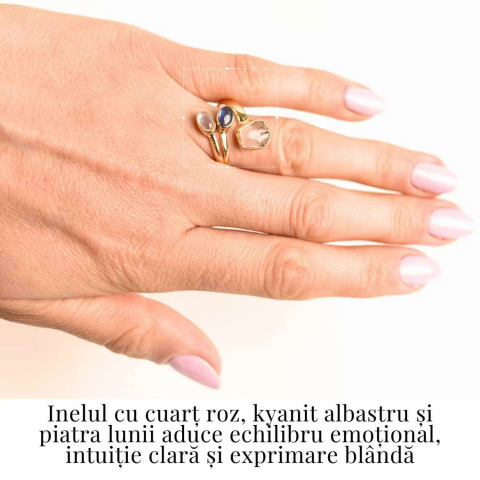 Inel din Argint 925 placat cu Aur de 18K cu Kianit Albastru, Cuart Roz si Piatra Lunii 3.92gr M 54/7– Armonie Interioara, Claritate si Deschidere Emotionala [1]