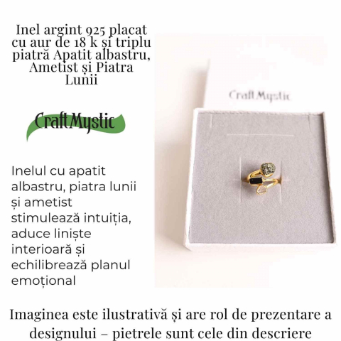 Inel din Argint 925 placat cu Aur de 18K cu Piatra Lunii, Ametist si Apatit Albastru 4.05 gr, M56 / 7.5– Intuitie, Liniste Interioara si Claritate Mentala [2]