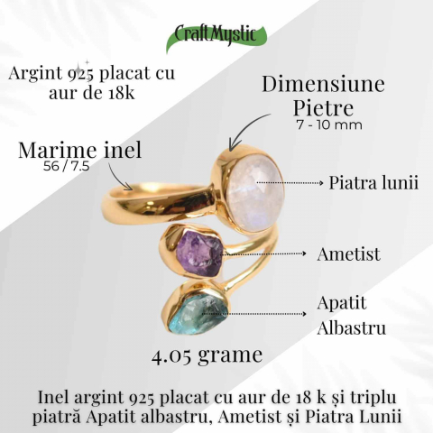 Inel din Argint 925 placat cu Aur de 18K cu Piatra Lunii, Ametist si Apatit Albastru 4.05 gr, M56 / 7.5– Intuitie, Liniste Interioara si Claritate Mentala [3]
