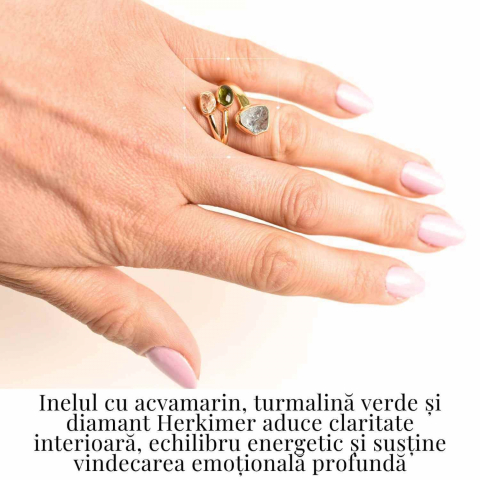 Inel din Argint 925 placat cu Aur de 18K cu Acvamarin, Diamant Herkimer si Turmalina Verde 3.92 gr M55 / 7– Claritate, Vitalitate si Protectie Energetica [1]