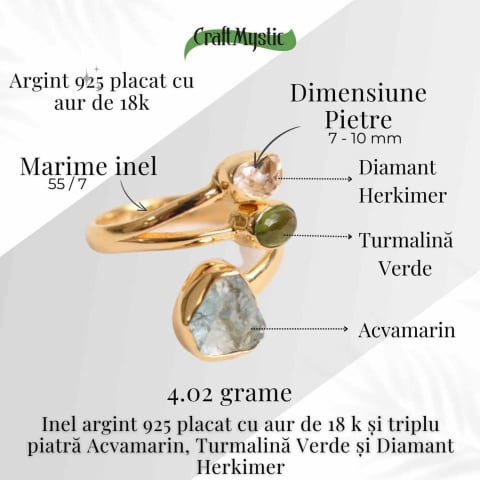 Inel din Argint 925 placat cu Aur de 18K cu Acvamarin, Diamant Herkimer si Turmalina Verde 3.92 gr M55 / 7– Claritate, Vitalitate si Protectie Energetica [4]