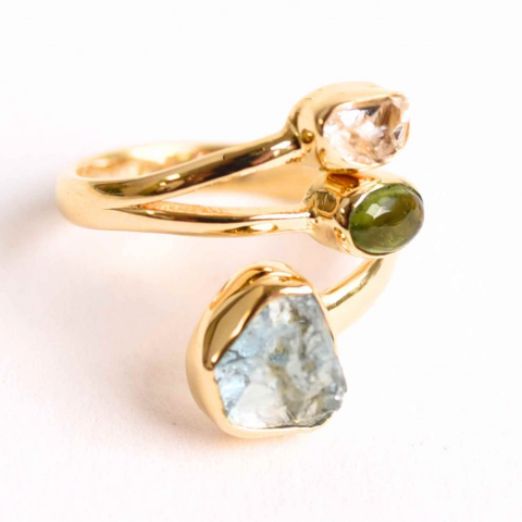 Inel din Argint 925 placat cu Aur de 18K cu Acvamarin, Diamant Herkimer si Turmalina Verde 3.92 gr M55 / 7– Claritate, Vitalitate si Protectie Energetica [0]