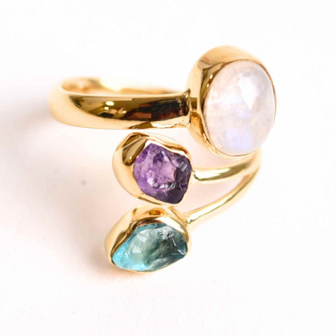Inel din Argint 925 placat cu Aur de 18K cu Piatra Lunii, Ametist si Apatit Albastru 4.05 gr, M56 / 7.5– Intuitie, Liniste Interioara si Claritate Mentala [0]