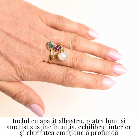 Inel din Argint 925 placat cu Aur de 18K cu Piatra Lunii, Ametist si Apatit Albastru 4.05 gr, M56 / 7.5– Intuitie, Liniste Interioara si Claritate Mentala [1]