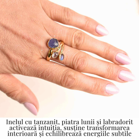Inel din Argint 925 placat cu Aur de 18K cu Tanzanit, Piatra Lunii si Labradorit 4.02gr M59 / 9– Intuitie, Transformare si Lumina Interioara [1]