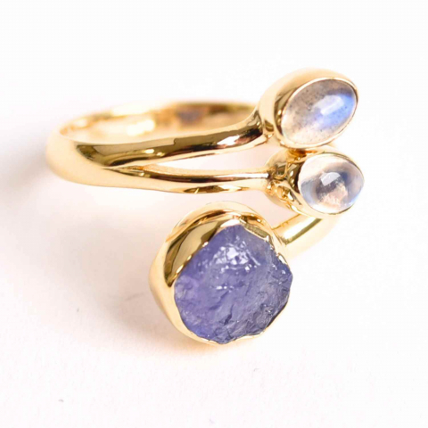 Inel din Argint 925 placat cu Aur de 18K cu Tanzanit, Piatra Lunii si Labradorit 4.02gr M59 / 9– Intuitie, Transformare si Lumina Interioara [0]
