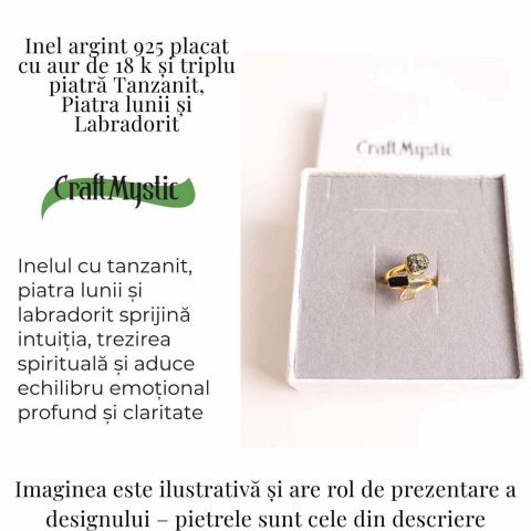 Inel din Argint 925 placat cu Aur de 18K cu Tanzanit, Piatra Lunii si Labradorit 4.02gr M59 / 9– Intuitie, Transformare si Lumina Interioara [2]
