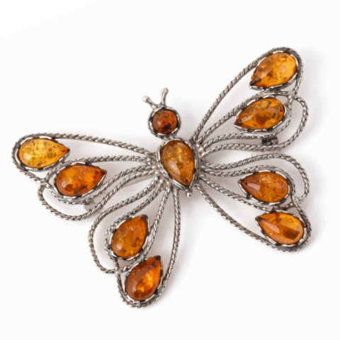Bijuterii Semiprețioase - Brosa din chihlimbar forma de fluture si argint 925 — adauga caldura si rafinament tinutei tale