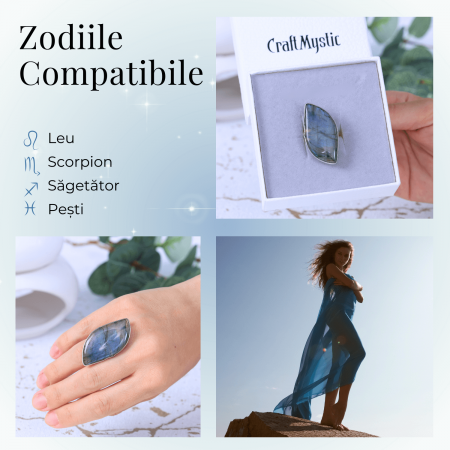 Inel argintiu ajustabil cu Labradorit design frunza, pentru protectie si intuitie [5]