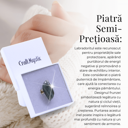 Inel auriu ajustabil cu Labradorit design frunza, pentru protectie si intuitie [6]