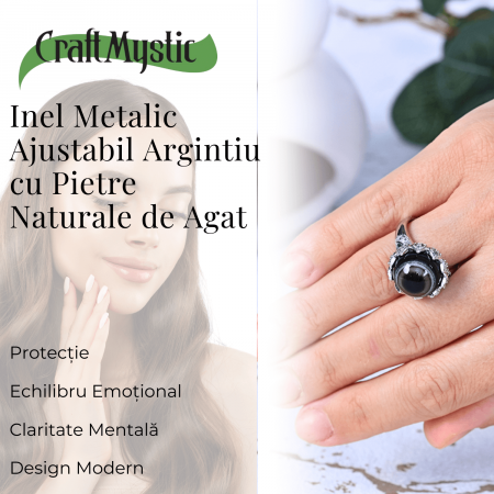 Inel argintiu ajustabil cu Agat natural, pentru echilibru si claritate [3]