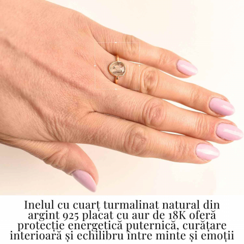 Inel cu Cuart Turmalinat Fatetat din Argint 925 placat cu Aur de 18K – Protectie Energetica si Claritate Interioara [1]