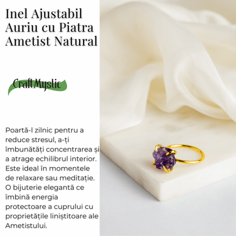 Inel reglabil auriu cu Ametist Brut pentru protectie si claritate [2]