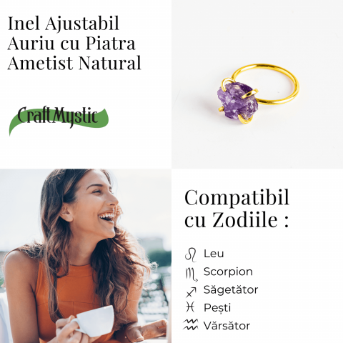 Inel reglabil auriu cu Ametist Brut pentru protectie si claritate [4]