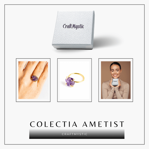 Inel reglabil auriu cu Ametist Brut pentru protectie si claritate [6]
