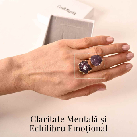 Inel usor Reglabil Auriu cu Dublu Ametist Natural Brut – Claritate Mentals si Echilibru Emotional [1]