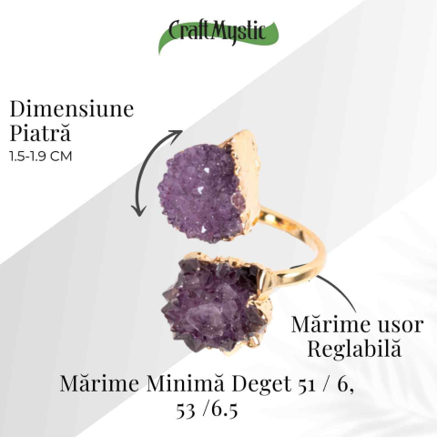 Inel usor Reglabil Auriu cu Dublu Ametist Natural Brut – Claritate Mentals si Echilibru Emotional [4]