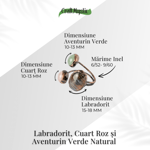 Inel reglabil din cupru cu Labradorit, Cuart Roz si Aventurin Verde natural – Armonie, iubire si prosperitate [3]