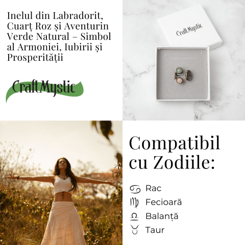 Inel reglabil din cupru cu Labradorit, Cuart Roz si Aventurin Verde natural – Armonie, iubire si prosperitate [4]