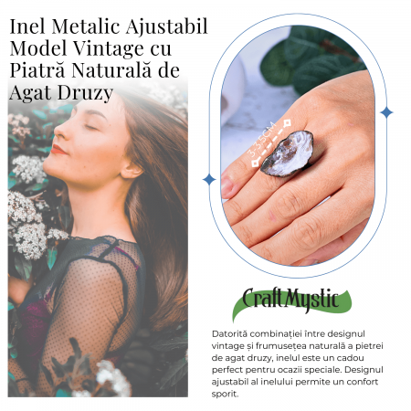 Inel vintage ajustabil cu Agat Druzy natural, pentru echilibru si protectie [2]