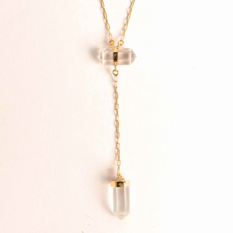Varsator - Colier Turnulet din Dublu Cuart de Stanca – Claritate Mentala si Protectie Energetica – Argint 925 Placat cu Aur 18K