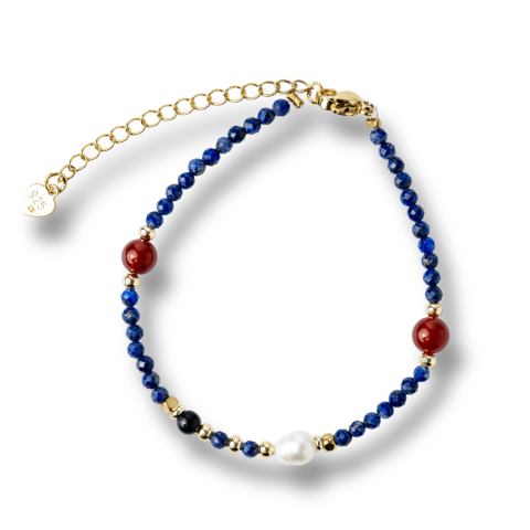 Claritate Mentala si Focus - Bratara Argint 925 placat cu Aur cu Lapis Lazuli, Agat Rosu si Perla Naturala – Claritate si Armonie Interioara