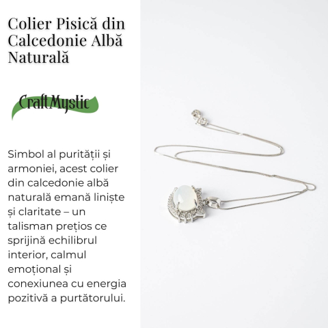 Puritate si Armonie –Colier pisica din calcedonie alba naturala cu lant din argint 925 [2]