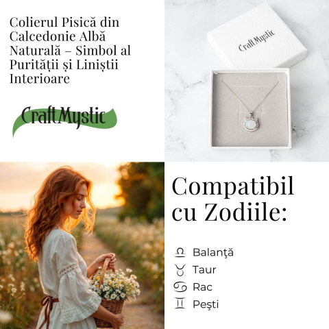 Puritate si Armonie –Colier pisica din calcedonie alba naturala cu lant din argint 925 [4]