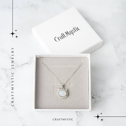 Puritate si Armonie –Colier pisica din calcedonie alba naturala cu lant din argint 925 [6]
