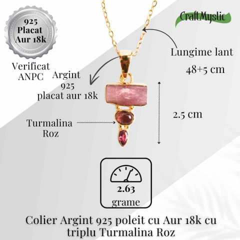 Iubire si Armonie Interioara – Colier inox si pandantiv argint 925 placat cu aur de18k si Triplu Turmalina Roz [4]