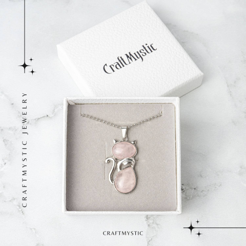 Iubire si Armonie – Colier Pisica din Otel Inoxidabil cu Cuart Roz [6]