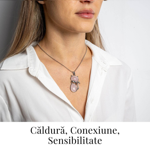 Iubire si Armonie – Colier Pisica din Otel Inoxidabil cu Cuart Roz [1]