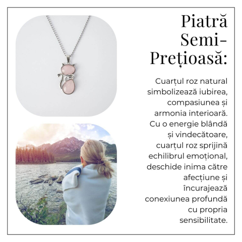 Iubire si Armonie – Colier Pisica din Otel Inoxidabil cu Cuart Roz [5]