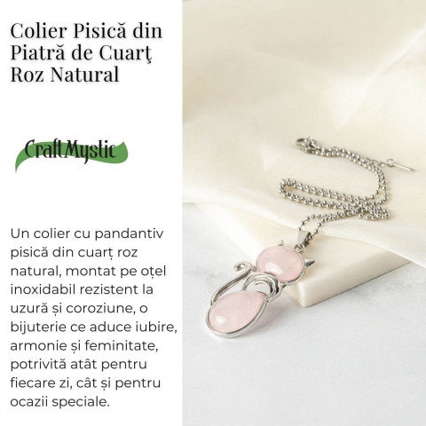 Iubire si Armonie – Colier Pisica din Otel Inoxidabil cu Cuart Roz [2]