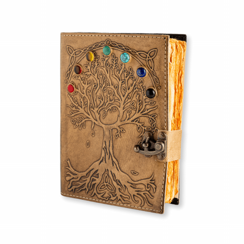 Malachit - Jurnal Vintage maro cu Arborele Vietii si 7 Chakre - Piele Naturala