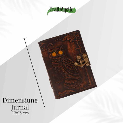 Jurnal Bufnita din Piele Naturala cu Piatra Decorativa si Hartie Bumbac Alba 17x13 cm [1]
